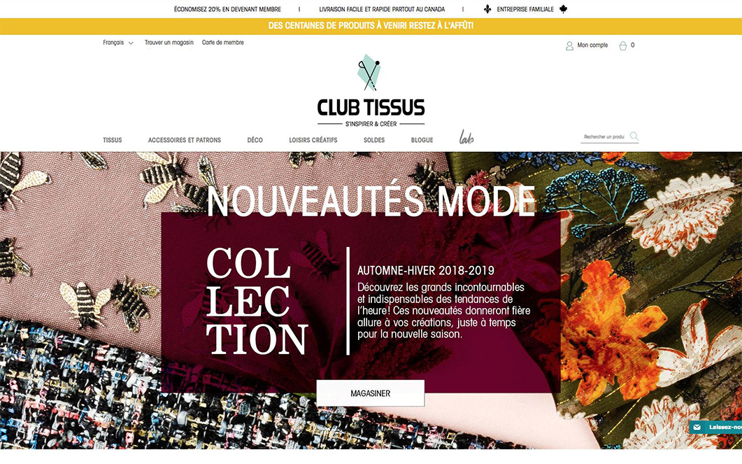 Club Tissus - Site web | buzztroop - agence web, ecommerce Montréal